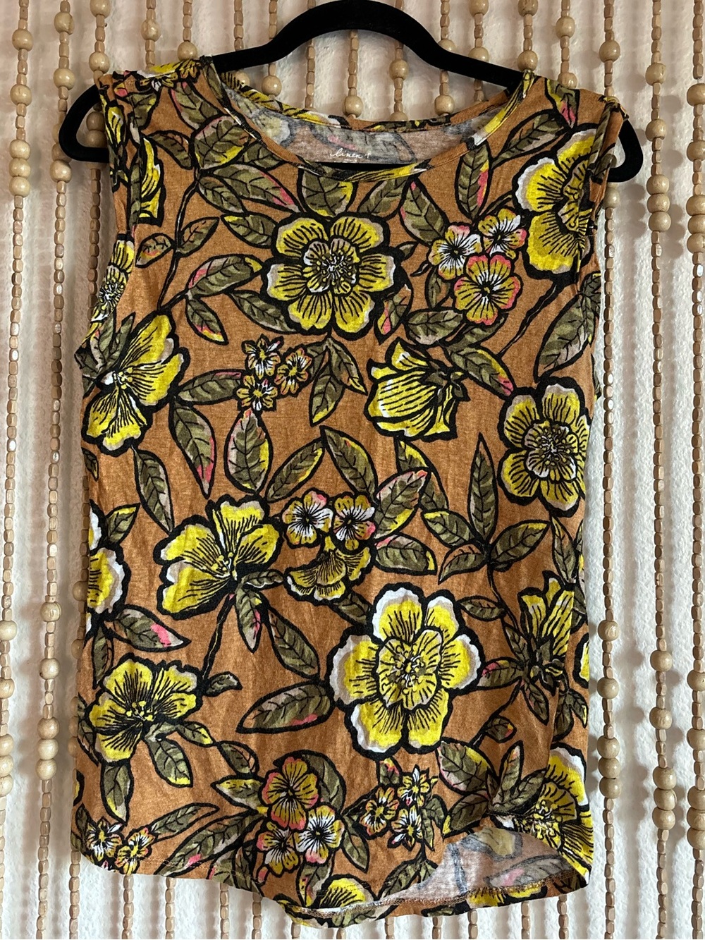 Linen Sleeveless Tan Yellow Floral Farmers Market Summer Casual Lightweight Top